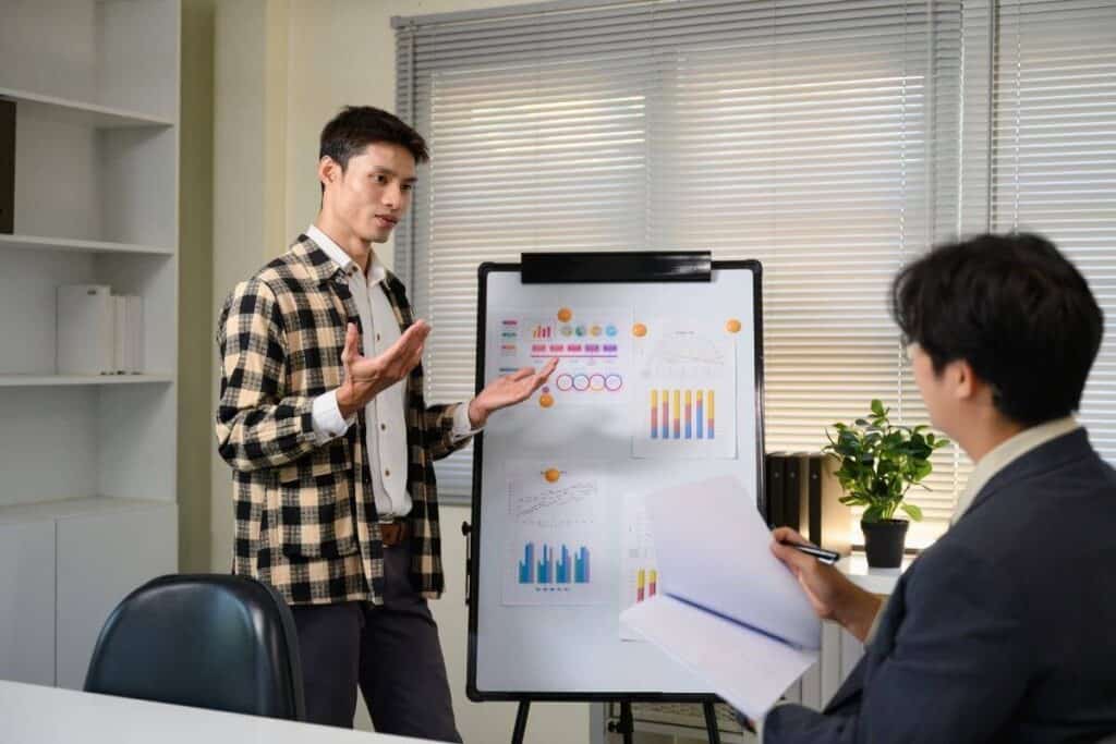 a consultant doing business presentation with a flipchart
