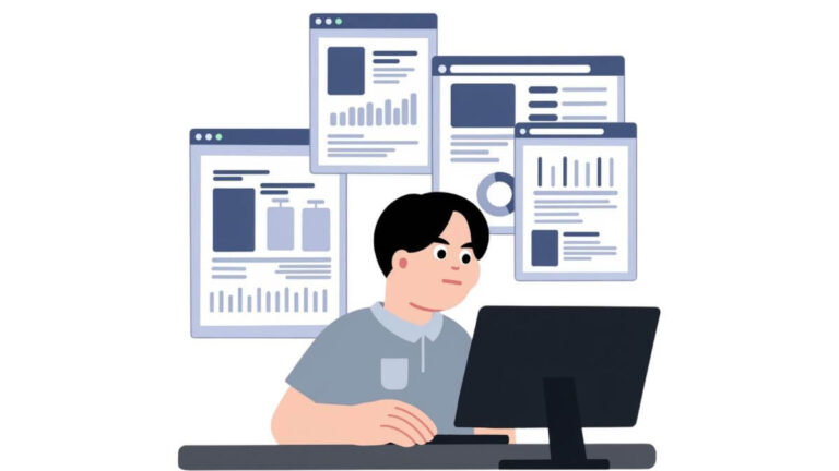 a cartoon professional looking at reports on his PC screen
