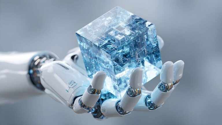 a robotic hand holding a cube representing technology