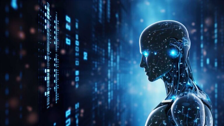 futuristic AI assistant bot with digital interface at the background